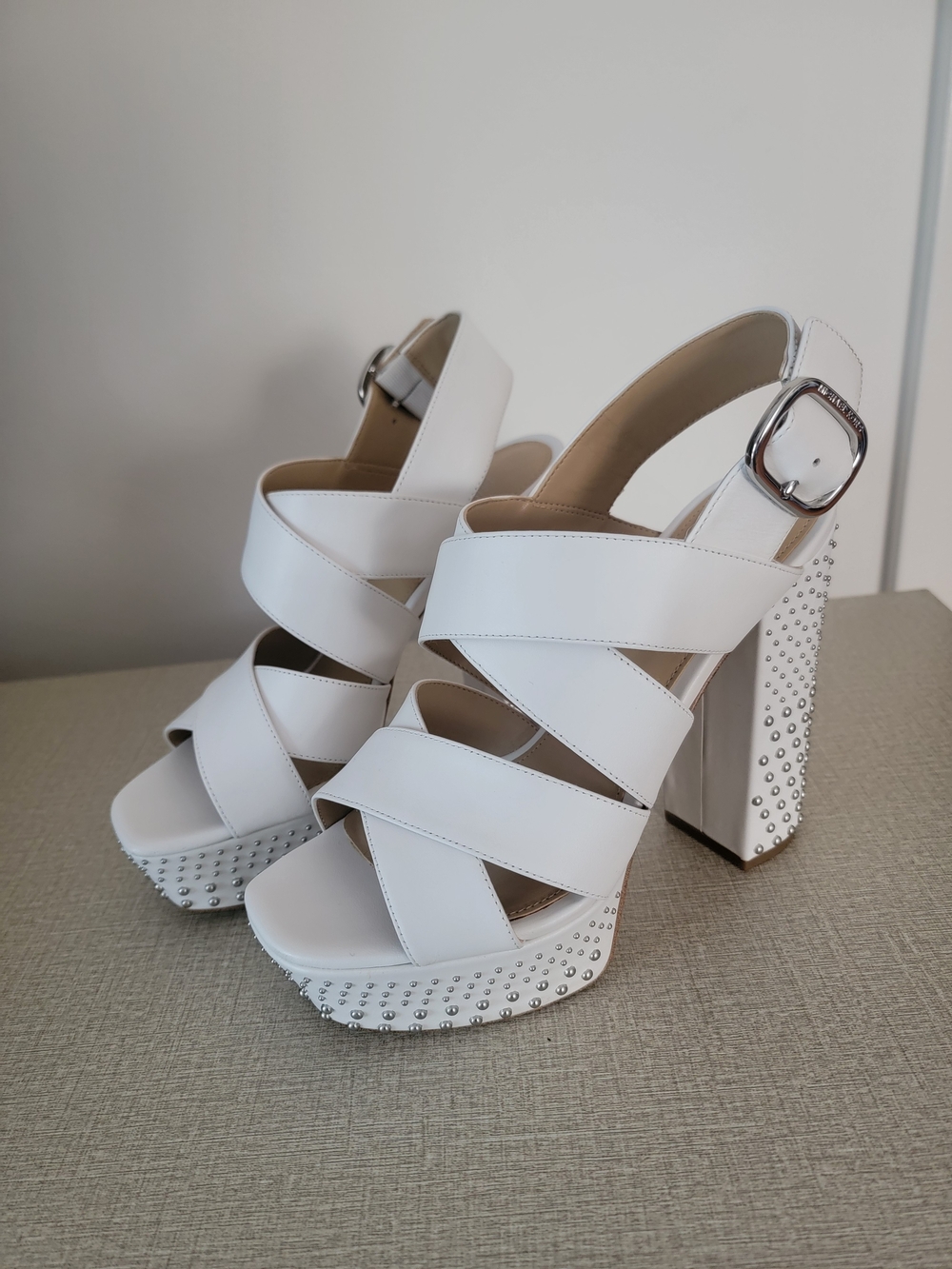 Michael Kors Mila Optic White Leather Studded Chunky Platform Sandals - 7M Box